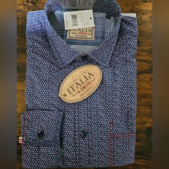 NEW Vintage Italia 1958 Cotton Long Sleeve Shirt Periwinkle Blue Pink Dot - Picture 14 of 14